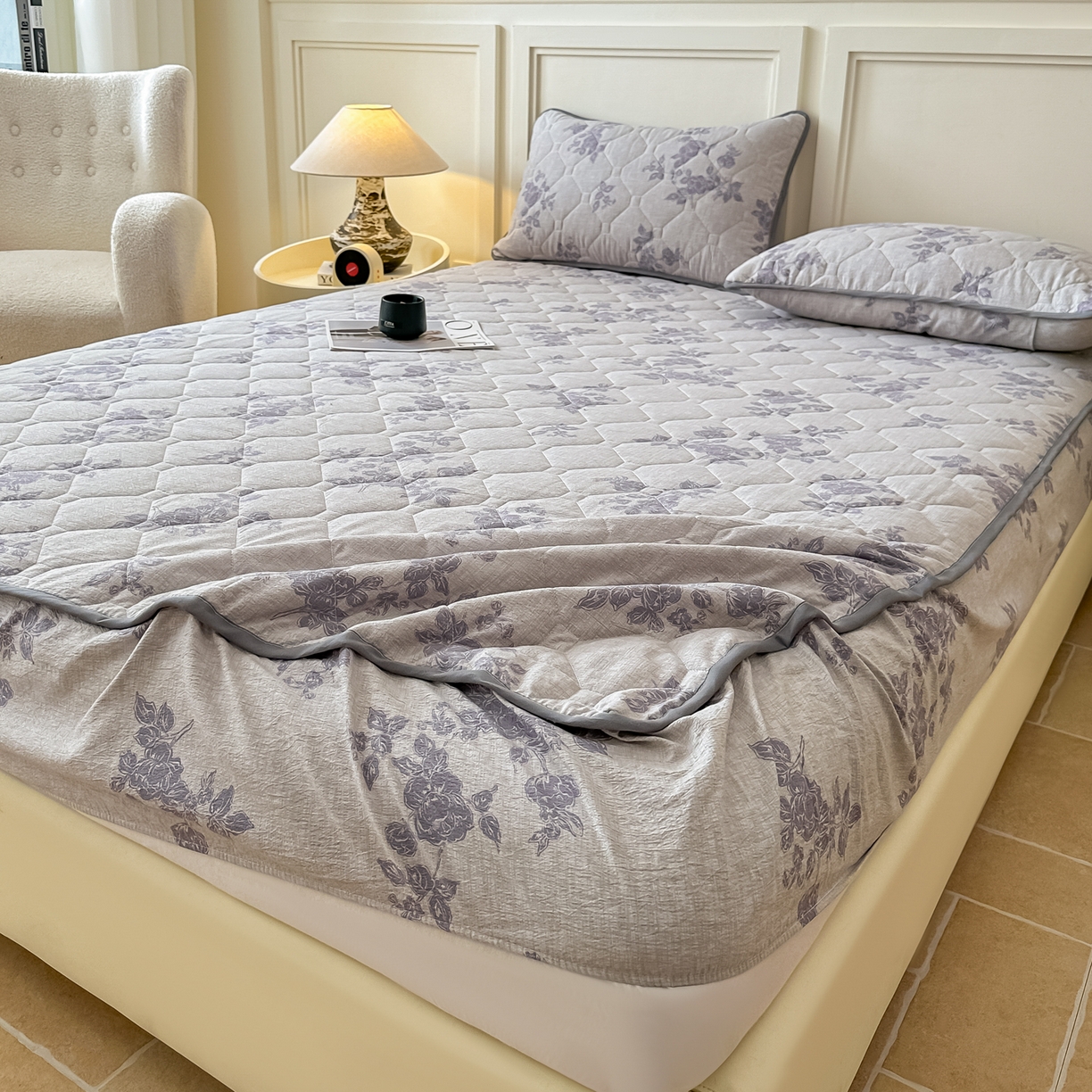 91家纺网 家纺一手货源 找家纺 梦嘉居 2025新款加厚亚麻皱皱纱加棉床笠单品床笠枕套单件单床笠 水云间