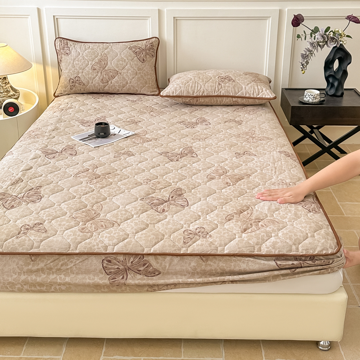 91家纺网 家纺一手货源 找家纺 梦嘉居 2025新款加厚亚麻皱皱纱加棉床笠单品床笠枕套单件单床笠 蝶恋花