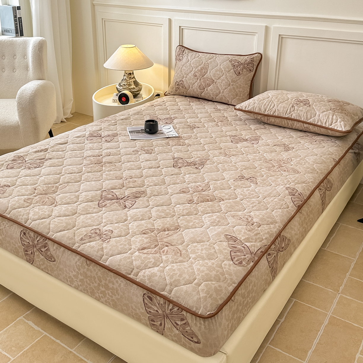 91家纺网 家纺一手货源 找家纺 梦嘉居 2025新款加厚亚麻皱皱纱加棉床笠单品床笠枕套单件单床笠 蝶恋花