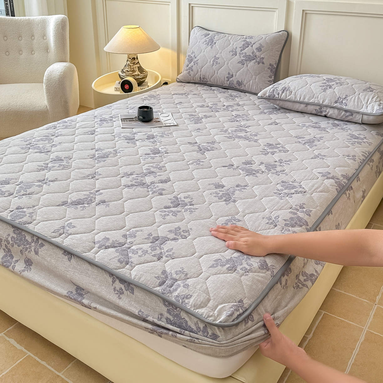 91家纺网 家纺一手货源 找家纺 梦嘉居 2025新款加厚亚麻皱皱纱加棉床笠单品床笠枕套单件单床笠 水云间