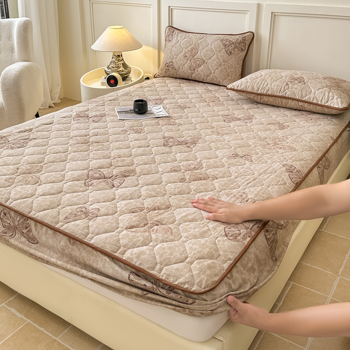 91家纺网 家纺一手货源 找家纺 梦嘉居 2025新款加厚亚麻皱皱纱加棉床笠单品床笠枕套单件单床笠 蝶恋花