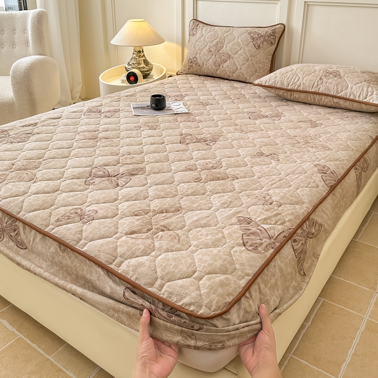 91家纺网 家纺一手货源 找家纺 梦嘉居 2025新款加厚亚麻皱皱纱加棉床笠单品床笠枕套单件单床笠 蝶恋花