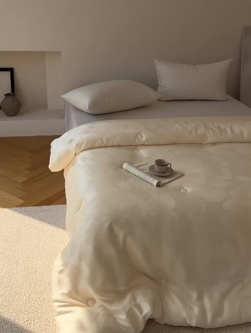 91家纺网 家纺一手货源 找家纺 纯优家纺 2025秋冬新品五彩臻丝大提花高奢45%大豆蛋白春秋被冬被直播电商首选 东方墨澜-奶油白