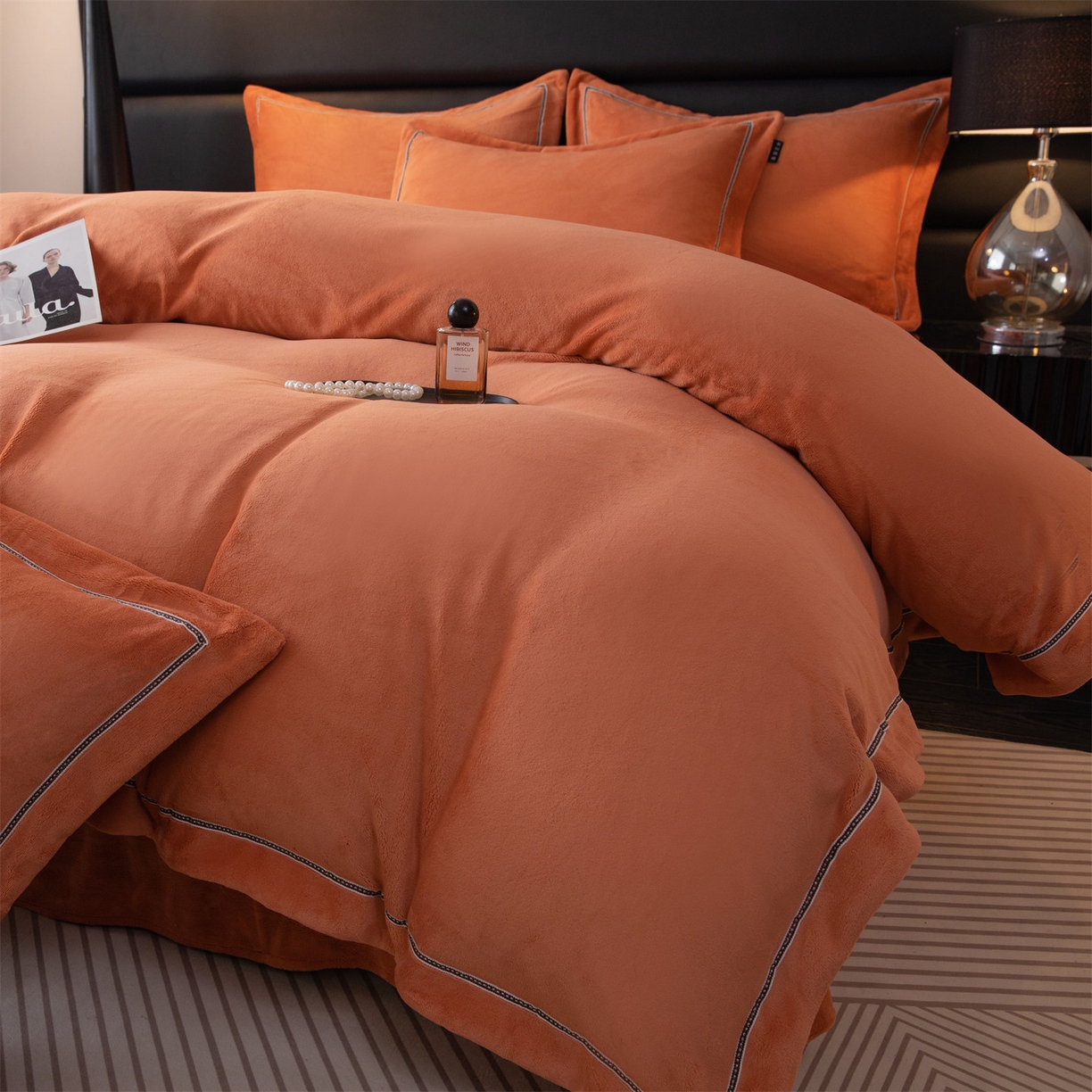 91家纺网 家纺一手货源 找家纺 雅高家居 2025新款240克高克重全工艺纯色织带花边款单件及四件套 枫糖橙