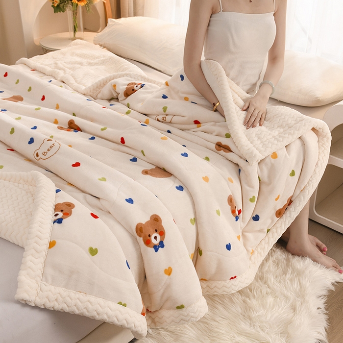 （总）印季家纺 2025新款三层夹棉印花牛奶绒毛毯毯子