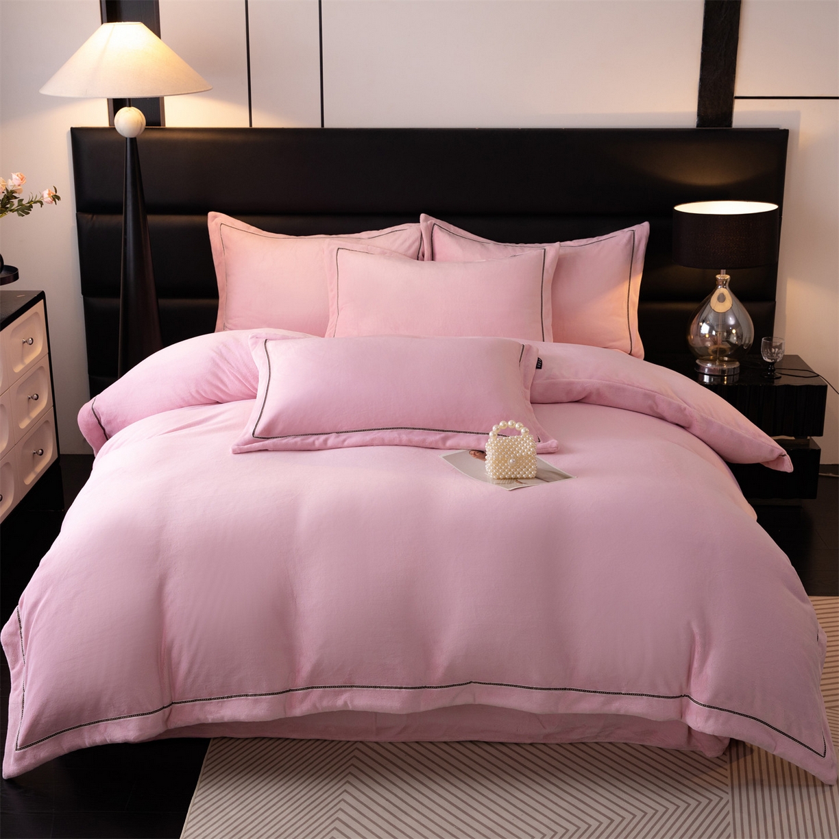 雅高家居 2025新款240克高克重全工艺纯色织带花边款单件及四件套 樱花粉