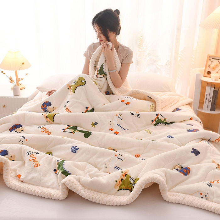 印季家纺 2025新款三层夹棉印花牛奶绒毛毯毯子 趣味恐龙