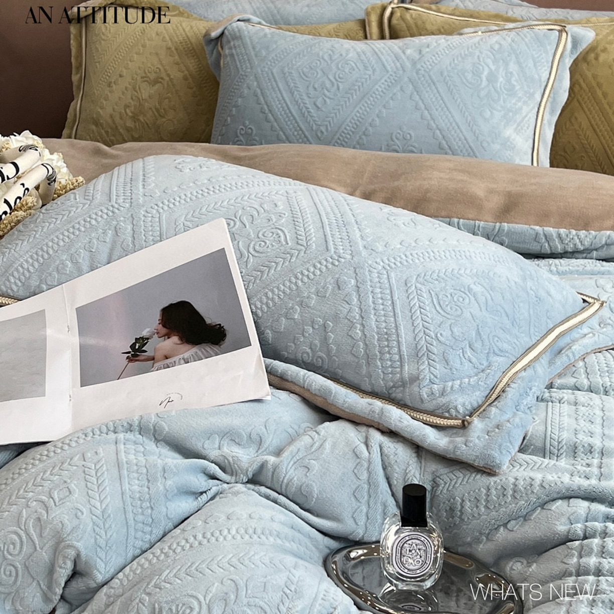 91家纺网 家纺一手货源 找家纺 纯优家纺 2025新款秋冬抖音直播爆款230g牛奶绒雕花四件套-悦薇 悦薇-蓝