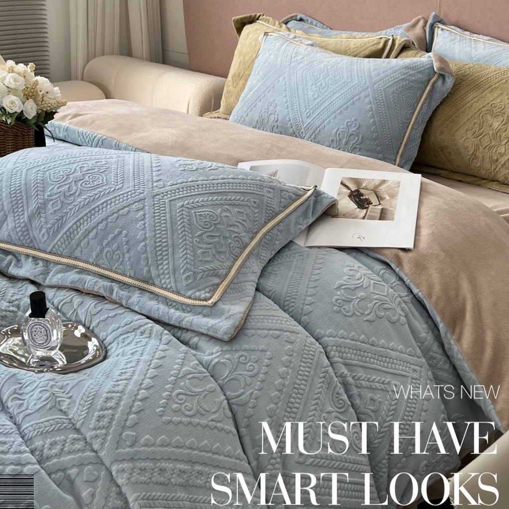 91家纺网 家纺一手货源 找家纺 纯优家纺 2025新款秋冬抖音直播爆款230g牛奶绒雕花四件套-悦薇 悦薇-蓝