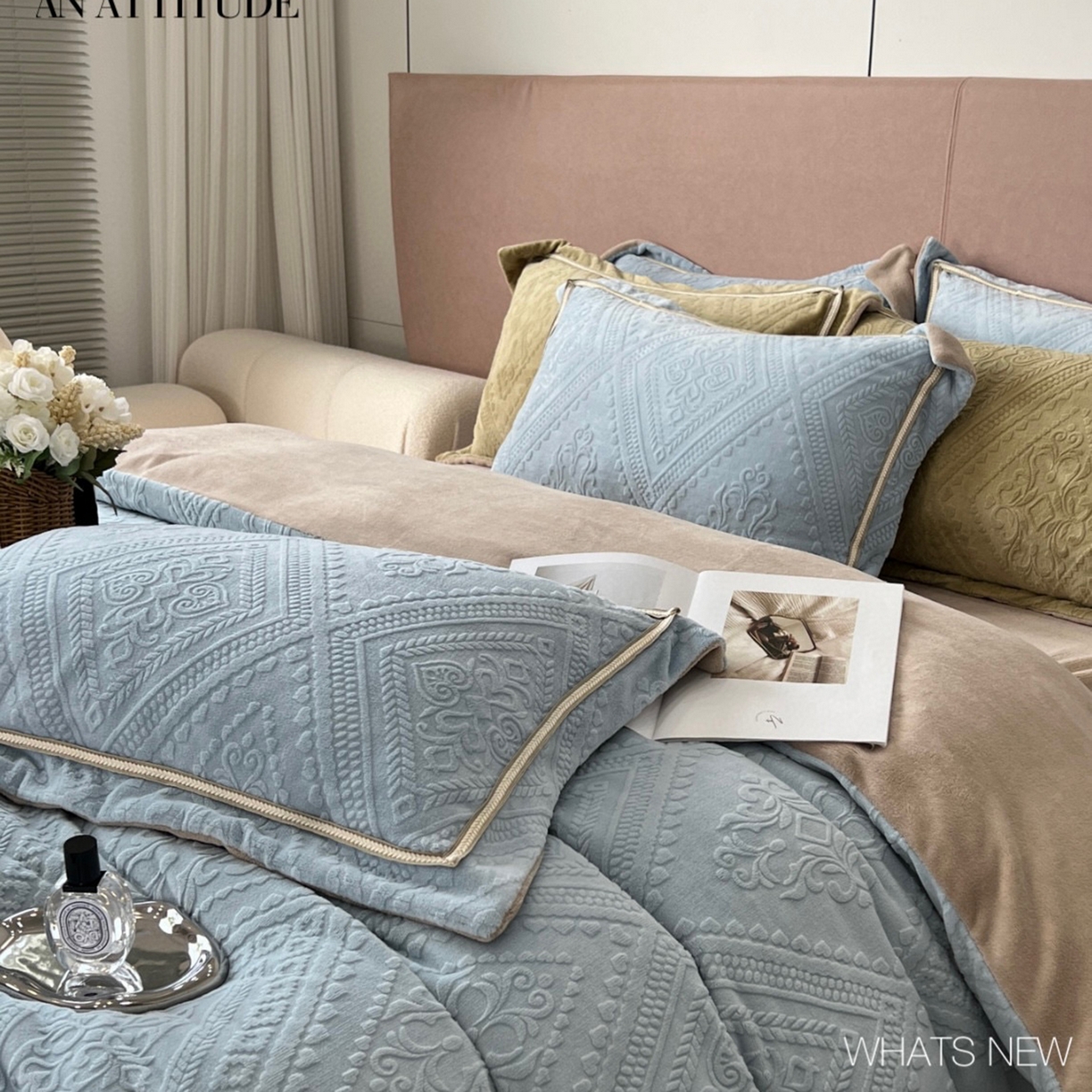 纯优家纺 2025新款秋冬抖音直播爆款230g牛奶绒雕花四件套-悦薇 悦薇-蓝