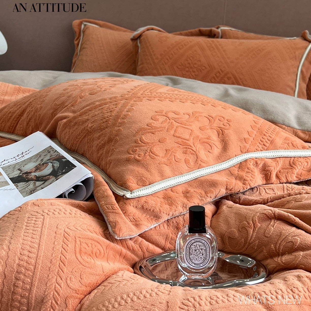 91家纺网 家纺一手货源 找家纺 纯优家纺 2025新款秋冬抖音直播爆款230g牛奶绒雕花四件套-悦薇 悦薇-橘