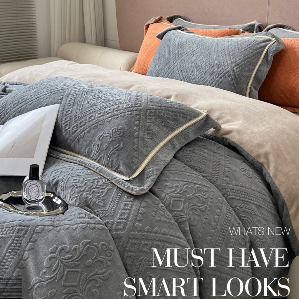 91家纺网 家纺一手货源 找家纺 纯优家纺 2025新款秋冬抖音直播爆款230g牛奶绒雕花四件套-悦薇 悦薇-灰