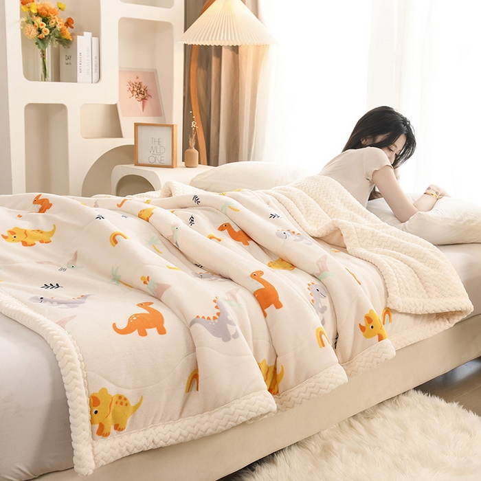 91家纺网 家纺一手货源 找家纺 印季家纺 2025新款三层夹棉印花牛奶绒毛毯毯子 侏罗纪