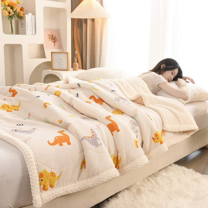 91家纺网 家纺一手货源 找家纺 印季家纺 2025新款三层夹棉印花牛奶绒毛毯毯子 侏罗纪