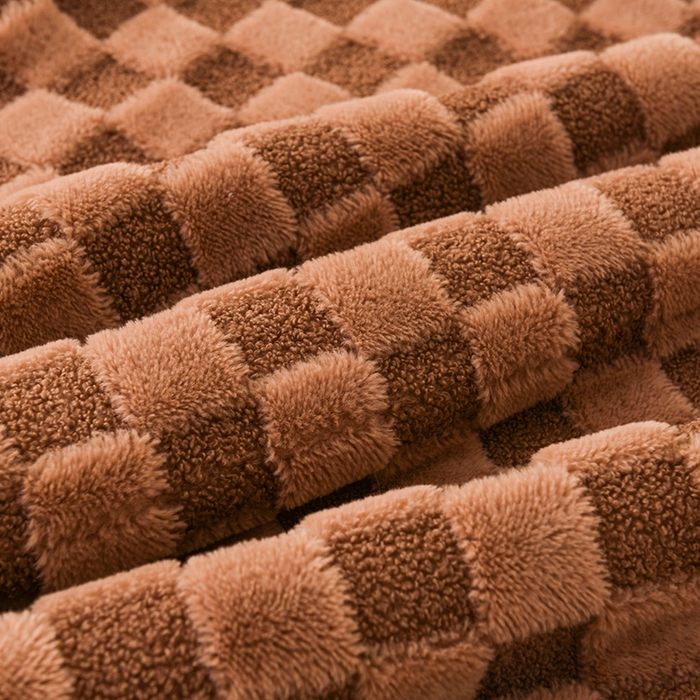 91家纺网 家纺一手货源 找家纺 印季家纺 2025新款泰迪绒兔毛绒格子毛毯毯子 驼色