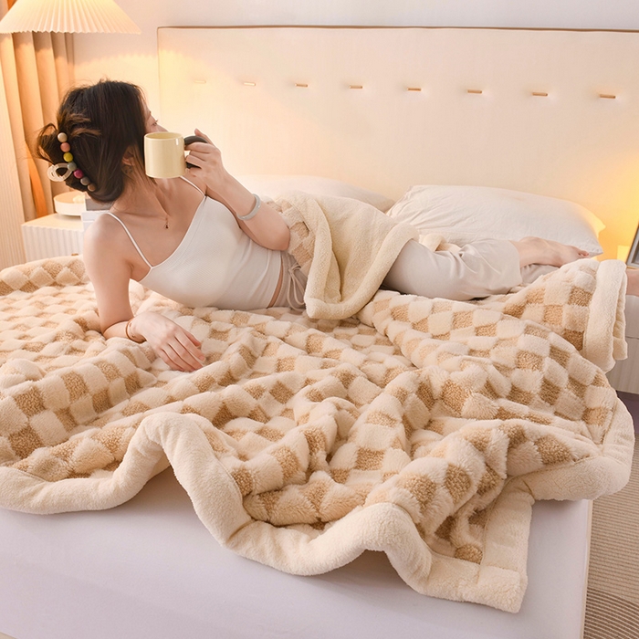 91家纺网 家纺一手货源 找家纺 印季家纺 2025新款泰迪绒兔毛绒格子毛毯毯子 米白