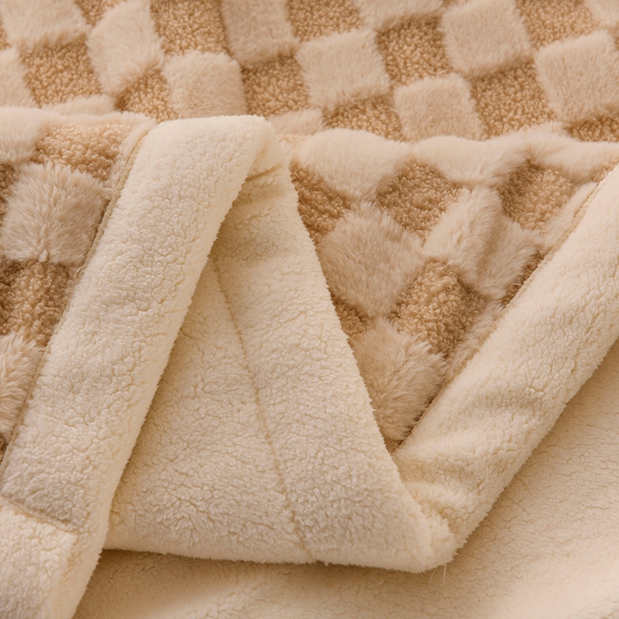 91家纺网 家纺一手货源 找家纺 印季家纺 2025新款泰迪绒兔毛绒格子毛毯毯子 米白