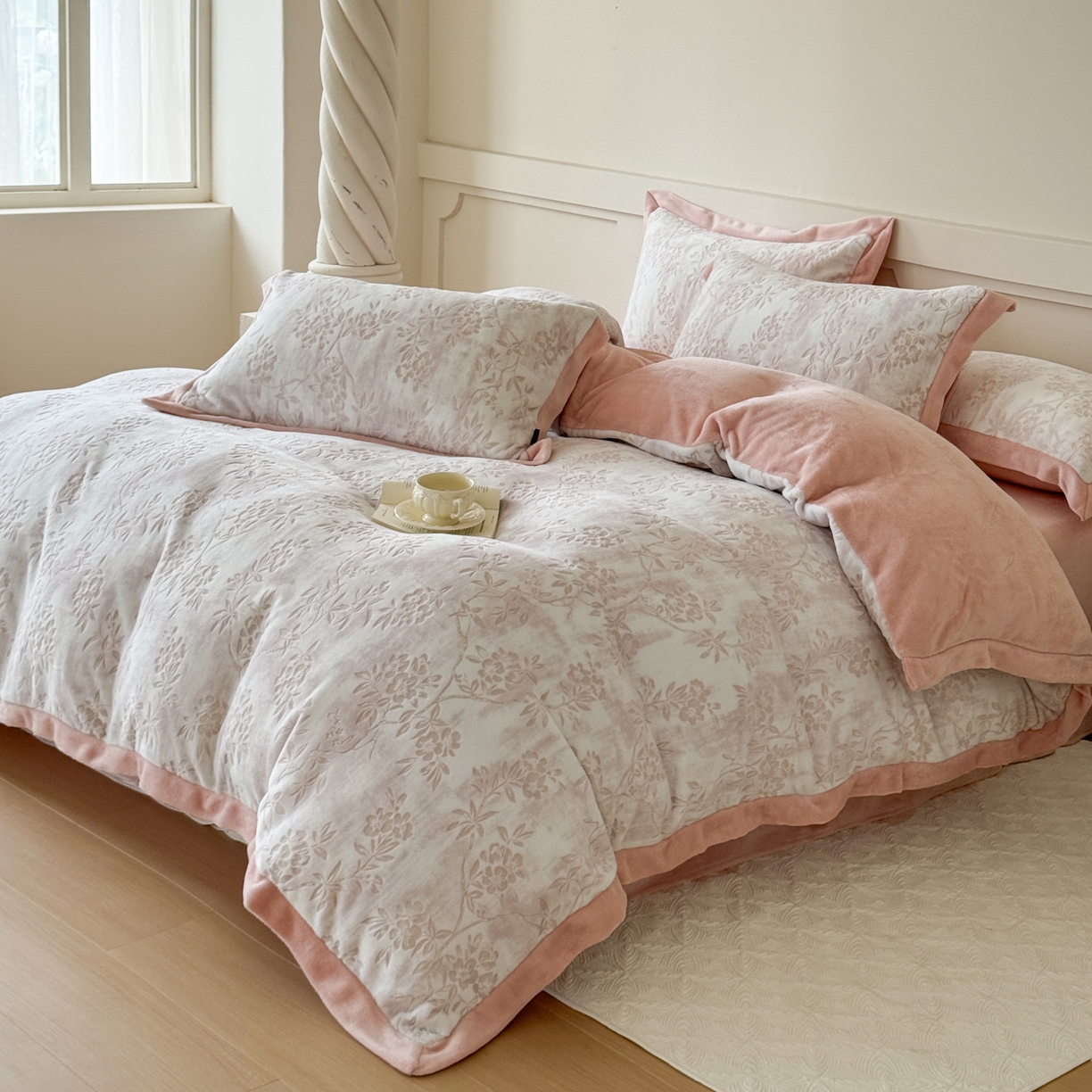 91家纺网 家纺一手货源 找家纺 纯优家纺 2025秋冬新品拼角款牛奶绒雕花四件套-花枳菁语 花枳菁语-粉色