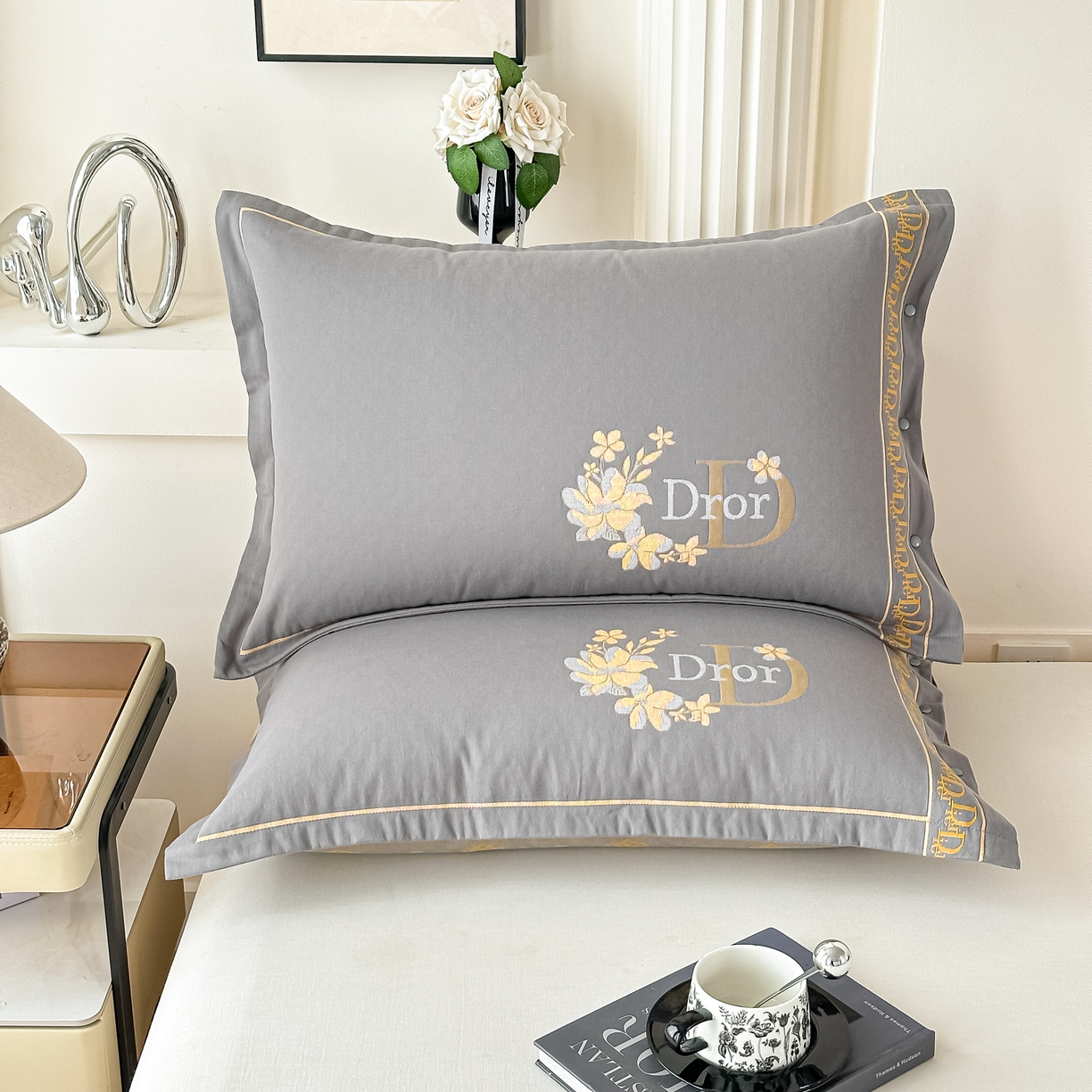 91家纺网 家纺一手货源 找家纺 沐瑟家纺 2025新款欧尚枕套单品枕套枕套单件 花迪-深灰