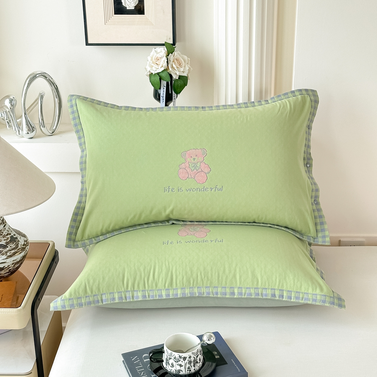 沐瑟家纺 2025新款欧尚枕套单品枕套枕套单件 格子小熊-绿色