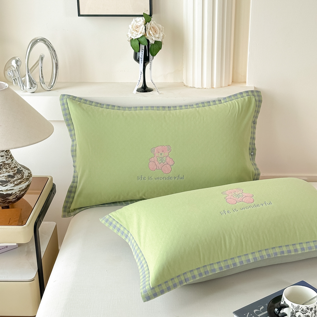 91家纺网 家纺一手货源 找家纺 沐瑟家纺 2025新款欧尚枕套单品枕套枕套单件 格子小熊-绿色