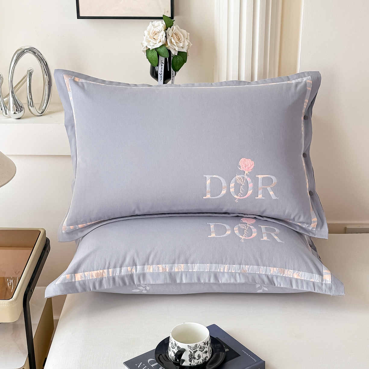 沐瑟家纺 2025新款欧尚枕套单品枕套枕套单件 玫瑰-浅灰色