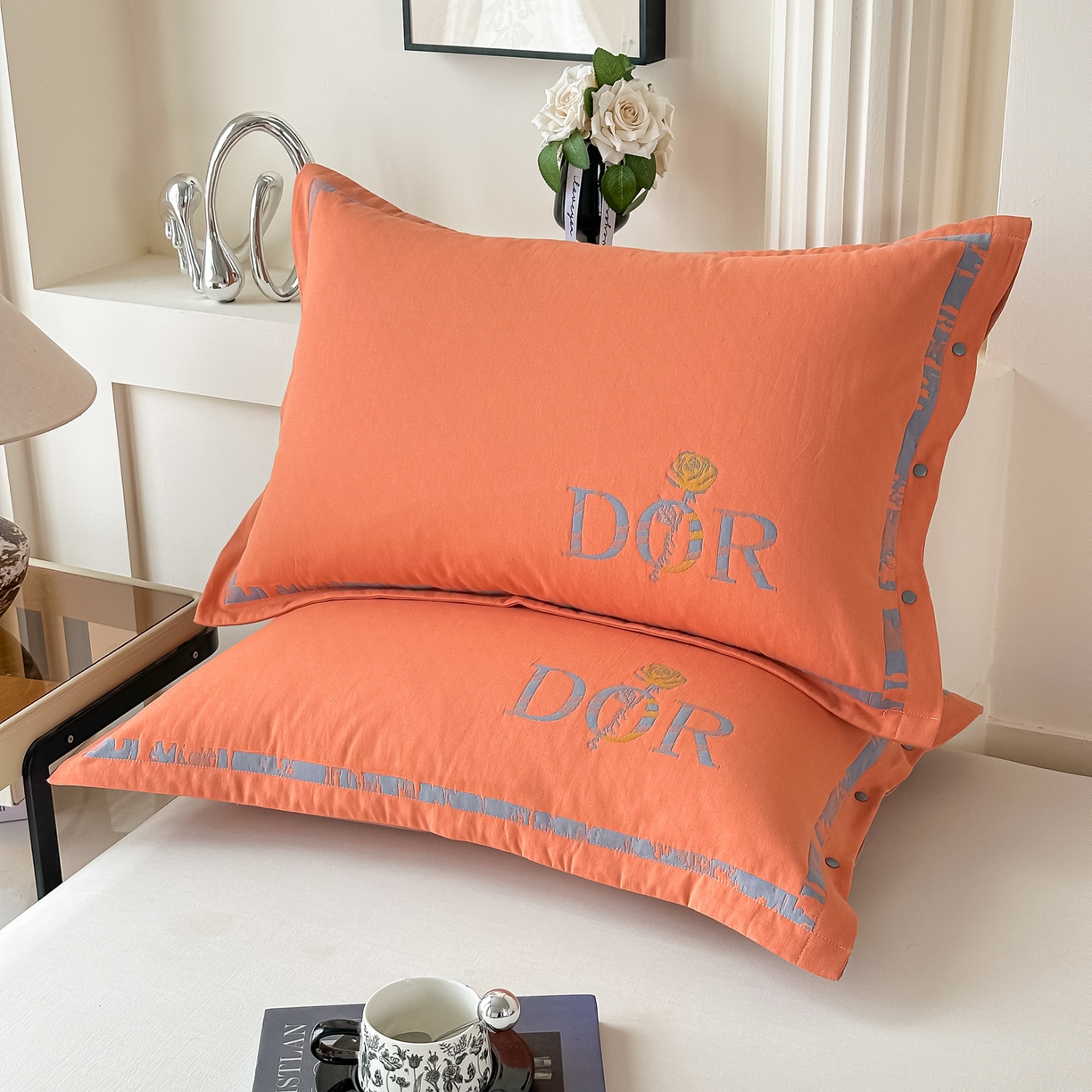 91家纺网 家纺一手货源 找家纺 沐瑟家纺 2025新款欧尚枕套单品枕套枕套单件 玫瑰-橙色