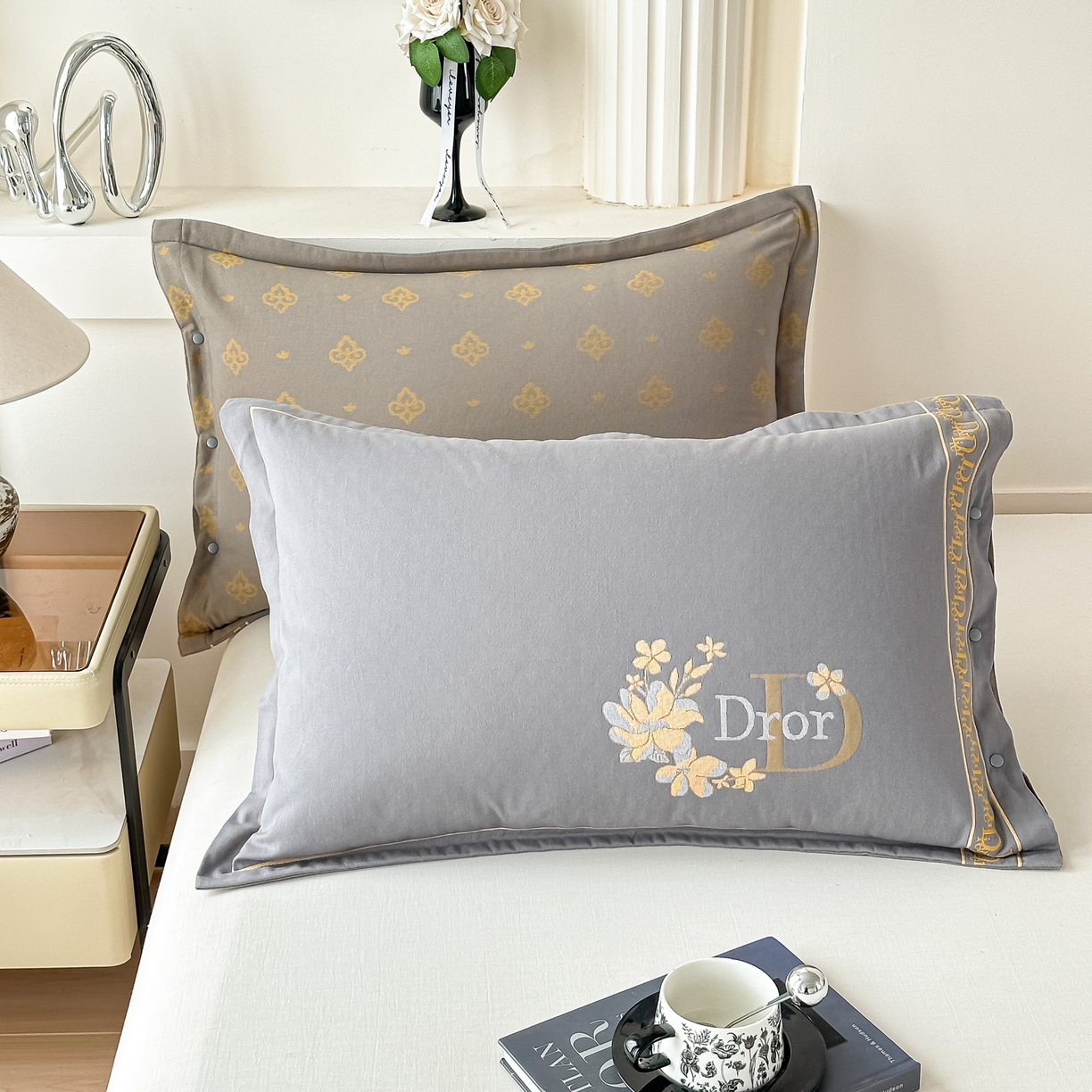 91家纺网 家纺一手货源 找家纺 沐瑟家纺 2025新款欧尚枕套单品枕套枕套单件 花迪-深灰