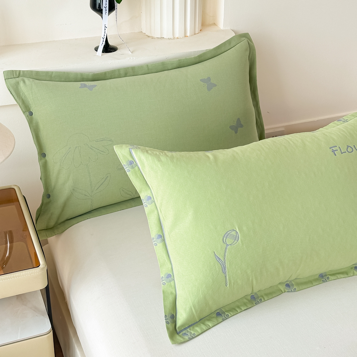 91家纺网 家纺一手货源 找家纺 沐瑟家纺 2025新款欧尚枕套单品枕套枕套单件 小小花-绿色