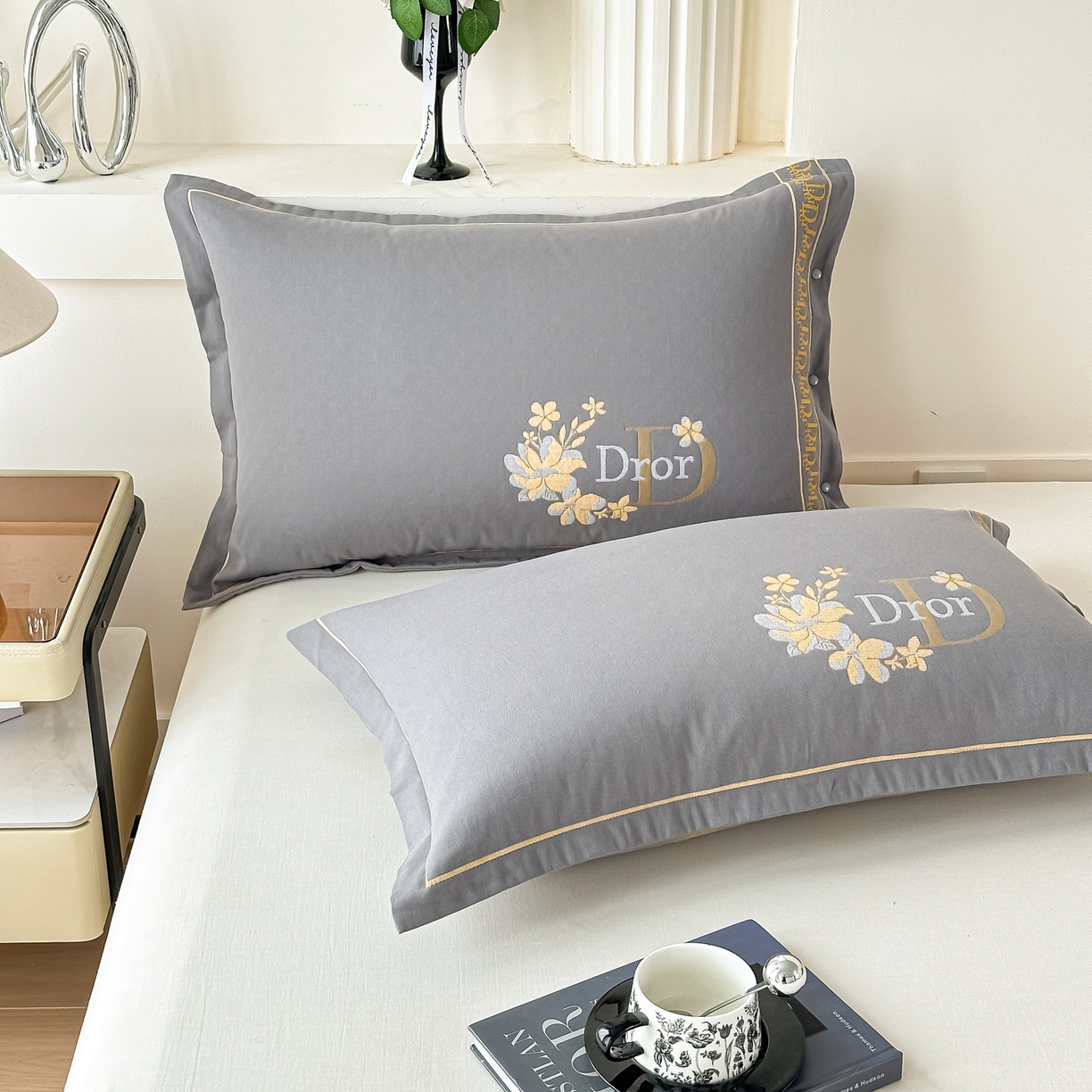 91家纺网 家纺一手货源 找家纺 沐瑟家纺 2025新款欧尚枕套单品枕套枕套单件 花迪-深灰