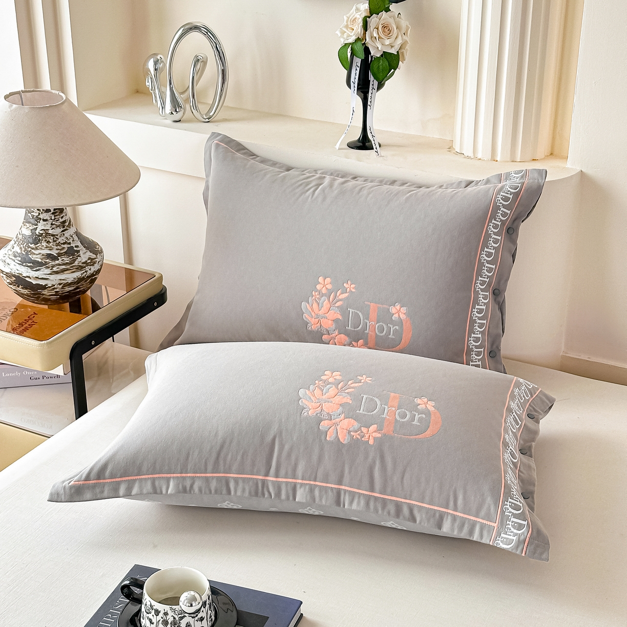 91家纺网 家纺一手货源 找家纺 沐瑟家纺 2025新款欧尚枕套单品枕套枕套单件 花迪-浅灰色