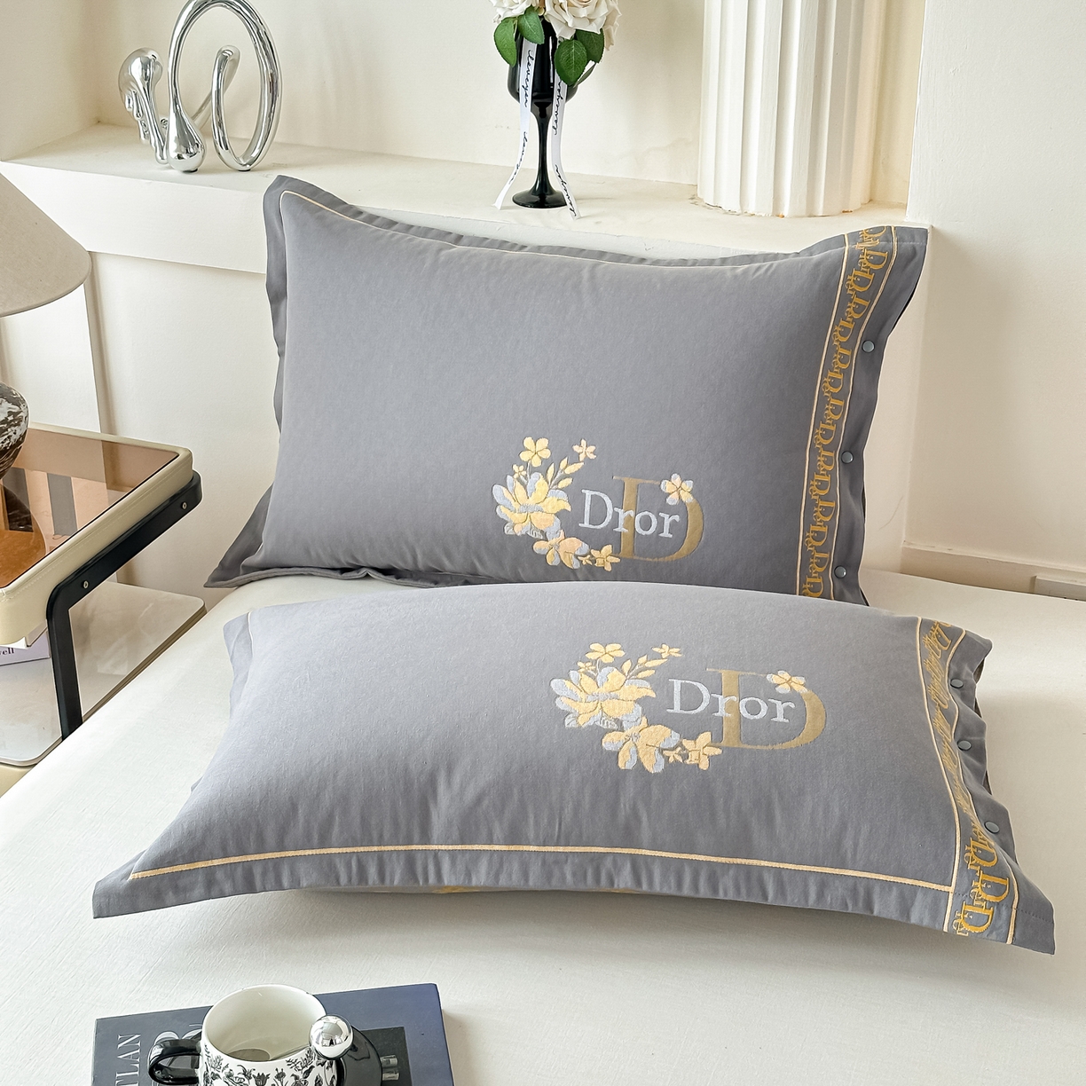 91家纺网 家纺一手货源 找家纺 沐瑟家纺 2025新款欧尚枕套单品枕套枕套单件 花迪-深灰