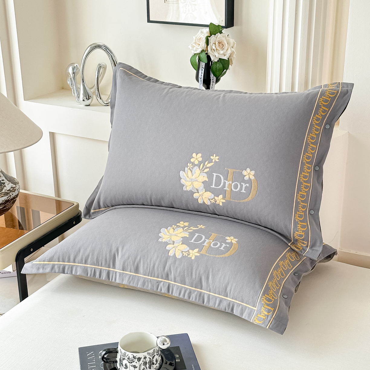 91家纺网 家纺一手货源 找家纺 沐瑟家纺 2025新款欧尚枕套单品枕套枕套单件 花迪-深灰