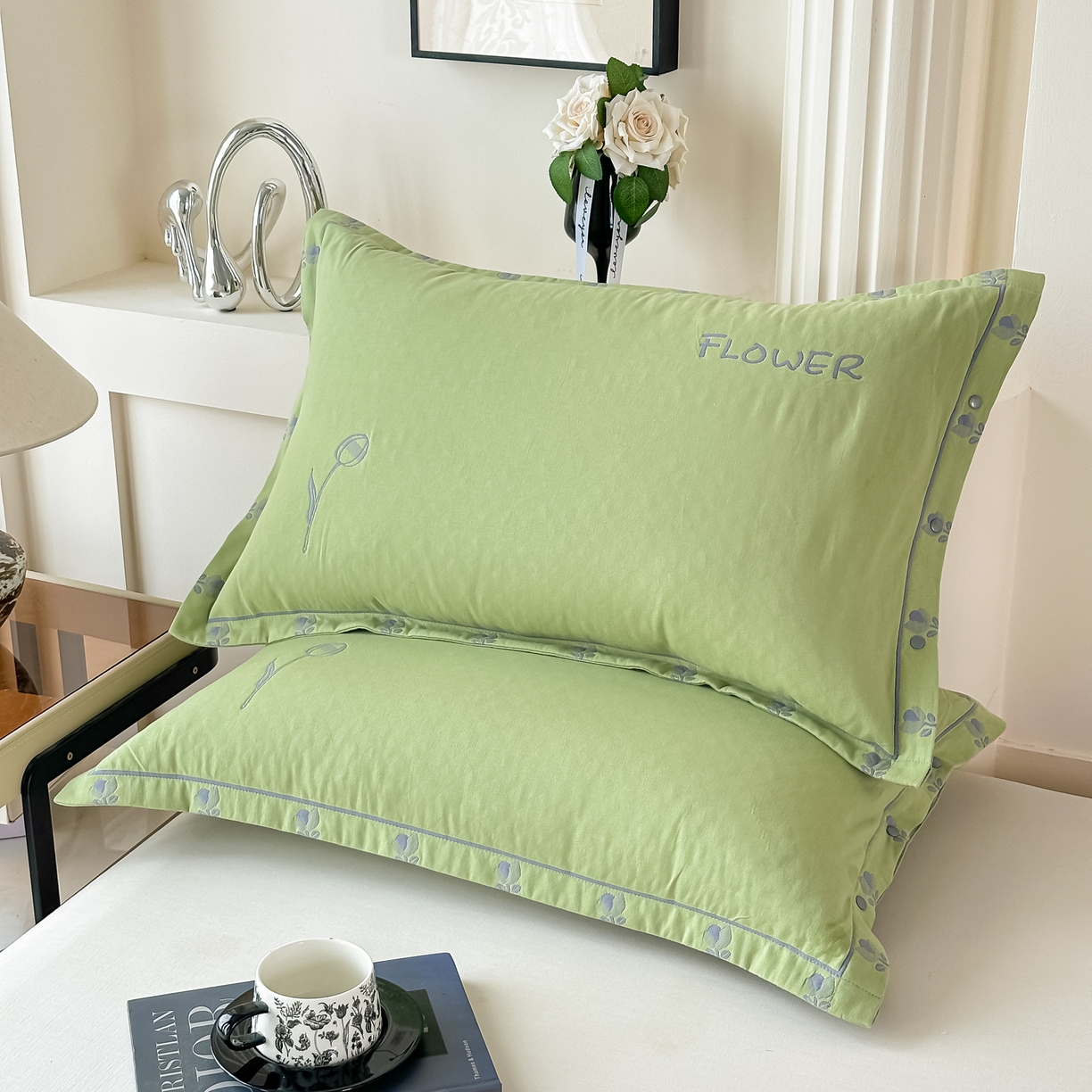 91家纺网 家纺一手货源 找家纺 沐瑟家纺 2025新款欧尚枕套单品枕套枕套单件 小小花-绿色