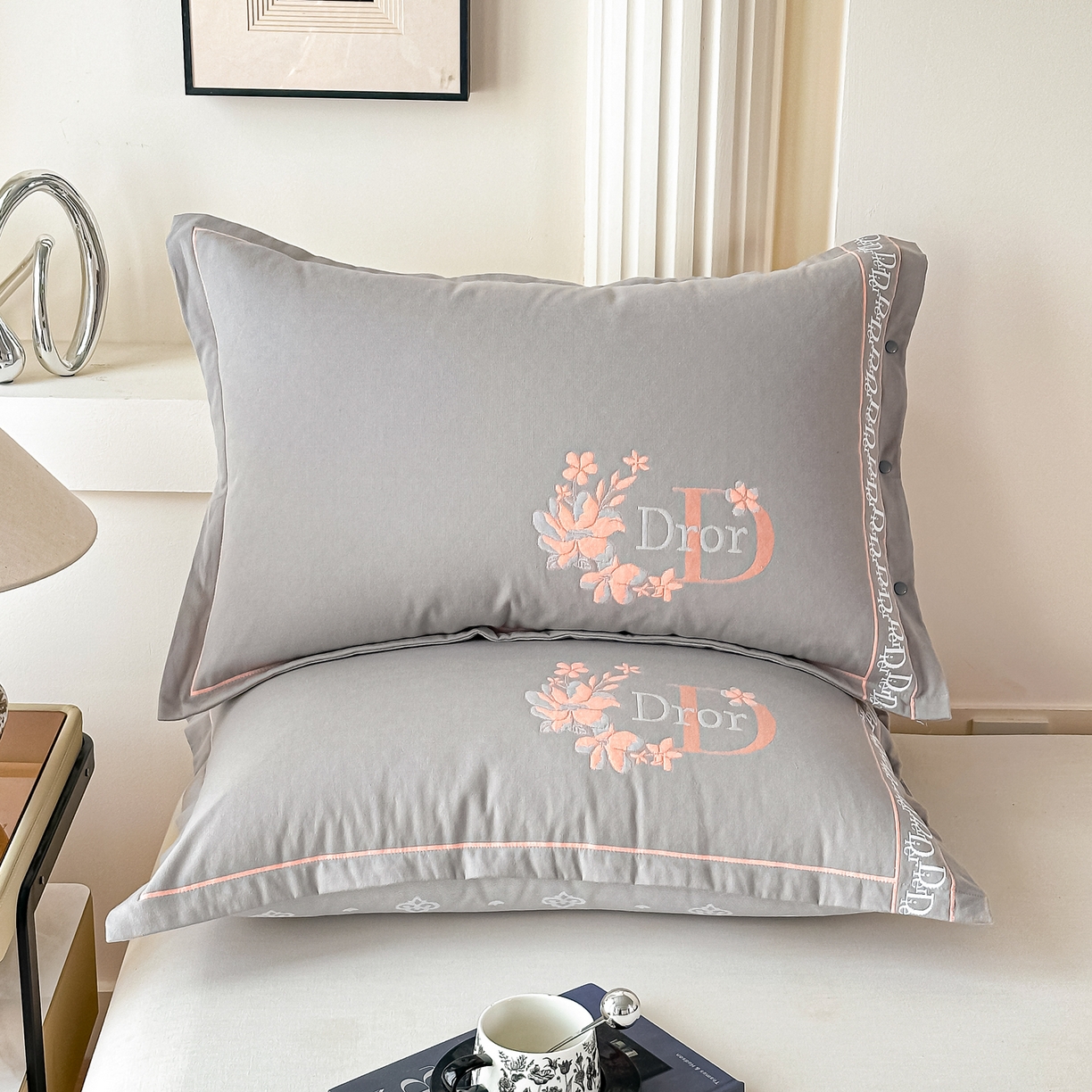 沐瑟家纺 2025新款欧尚枕套单品枕套枕套单件 花迪-浅灰色