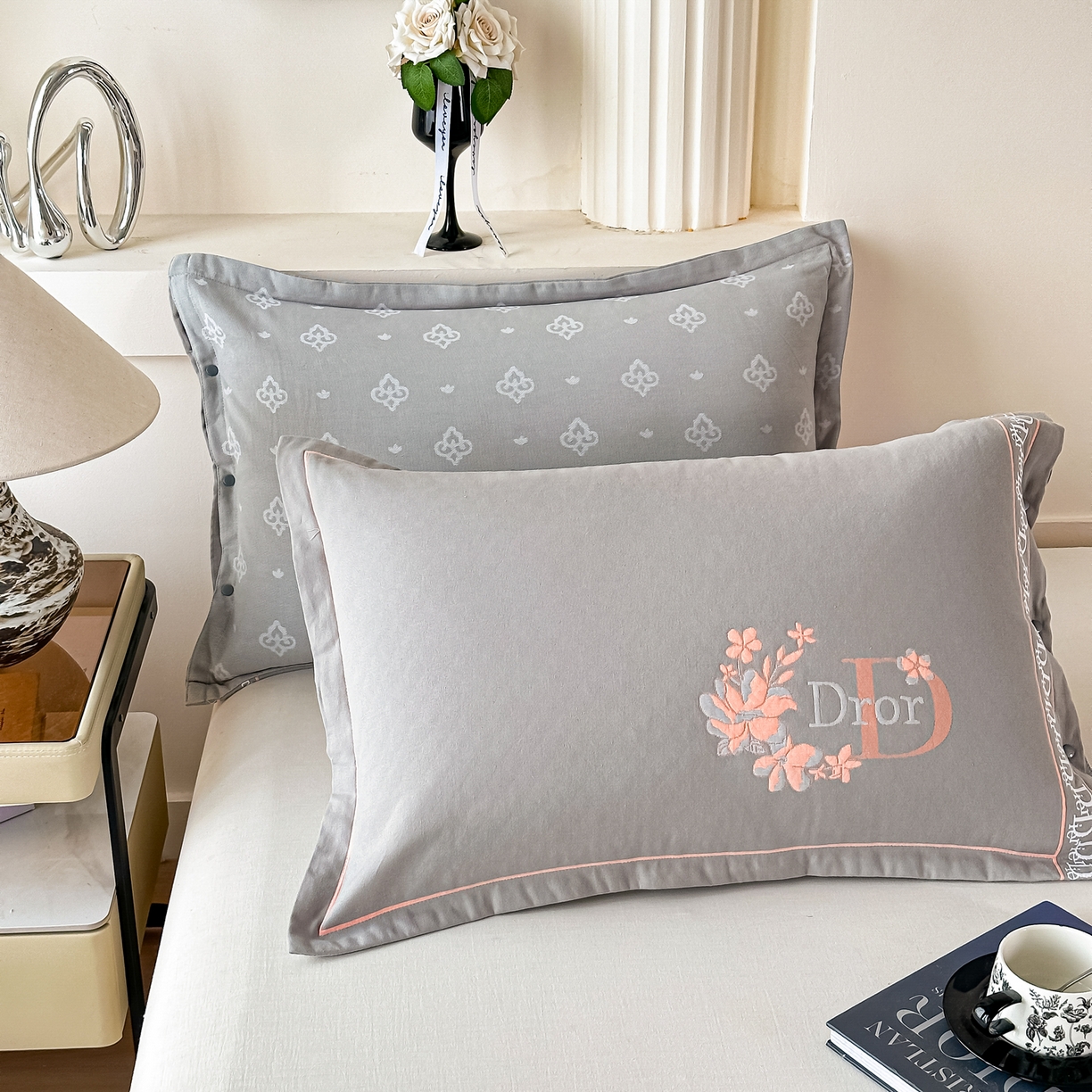 91家纺网 家纺一手货源 找家纺 沐瑟家纺 2025新款欧尚枕套单品枕套枕套单件 花迪-浅灰色