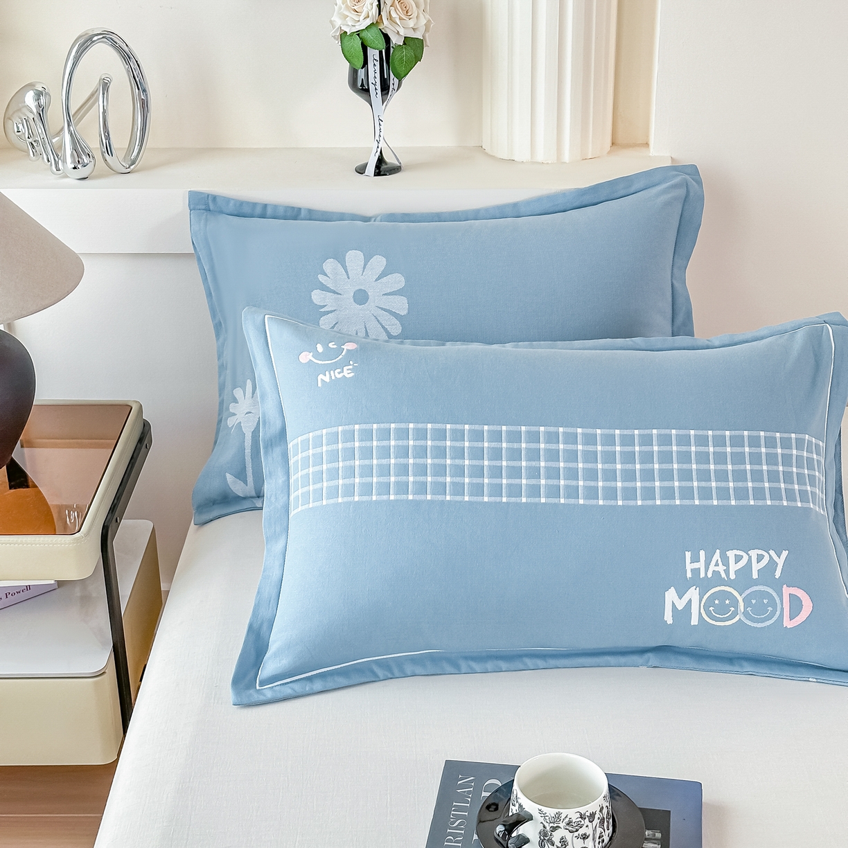 91家纺网 家纺一手货源 找家纺 沐瑟家纺 2025新款怡家枕套单品枕套枕套单件 笑脸-蓝灰色