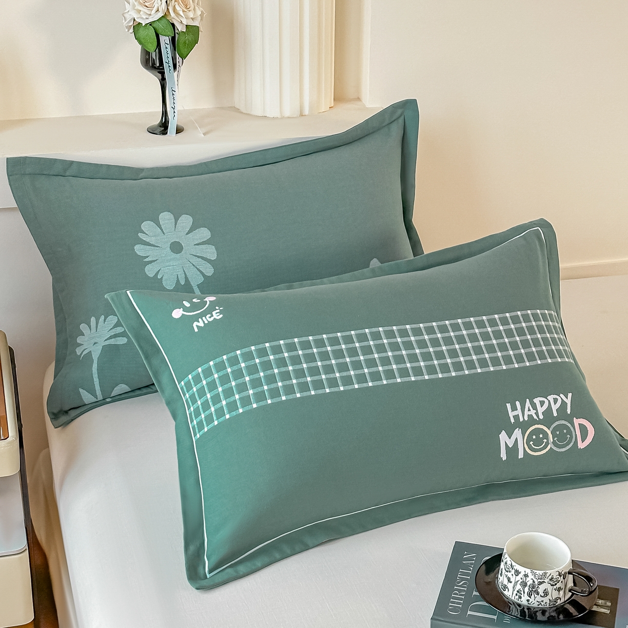 91家纺网 家纺一手货源 找家纺 沐瑟家纺 2025新款怡家枕套单品枕套枕套单件 笑脸-深绿