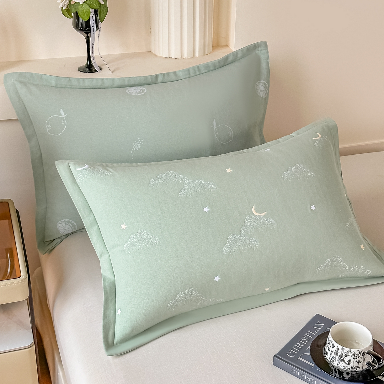 91家纺网 家纺一手货源 找家纺 沐瑟家纺 2025新款怡家枕套单品枕套枕套单件 云点-草绿色