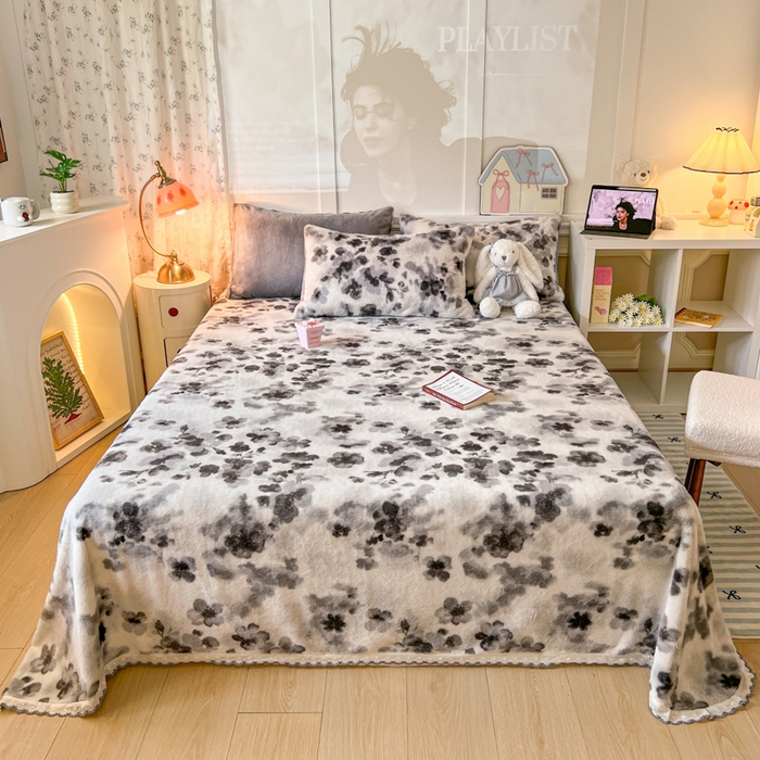 91家纺网 家纺一手货源 找家纺 （总）妖妖家纺 2025新款高克重兔毛花边印花单床单 床单单件