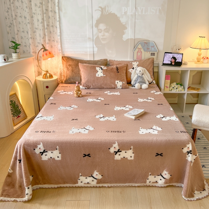 妖妖家纺 2025新款高克重兔毛花边印花单床单 床单单件 斑点狗