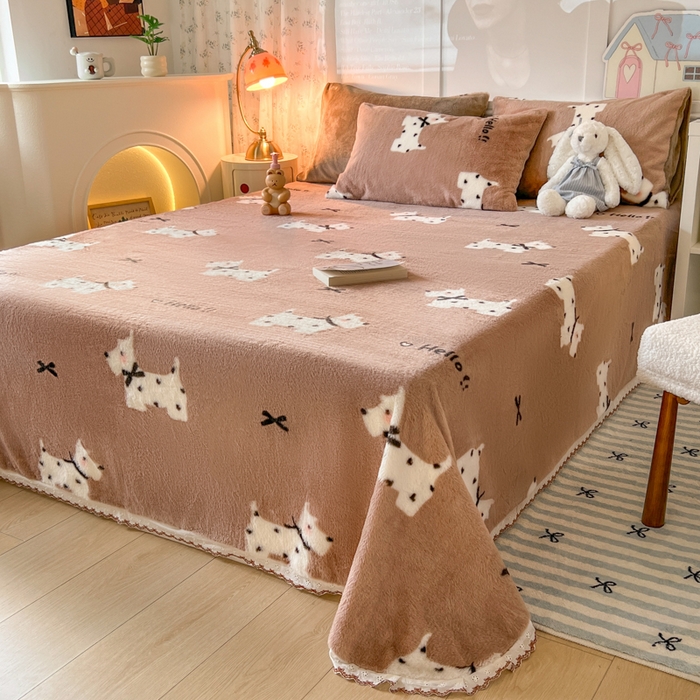 91家纺网 家纺一手货源 找家纺 妖妖家纺 2025新款高克重兔毛花边印花单床单 床单单件 斑点狗