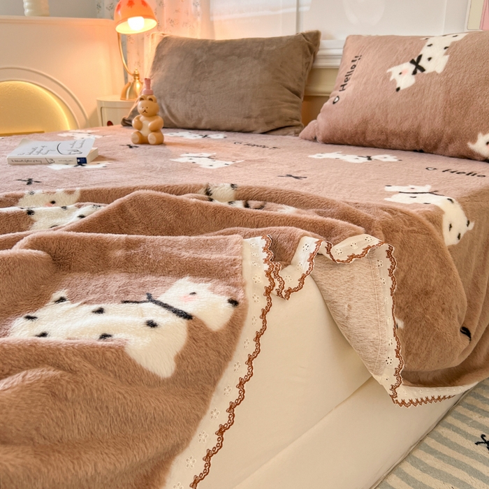 91家纺网 家纺一手货源 找家纺 妖妖家纺 2025新款高克重兔毛花边印花单床单 床单单件 斑点狗
