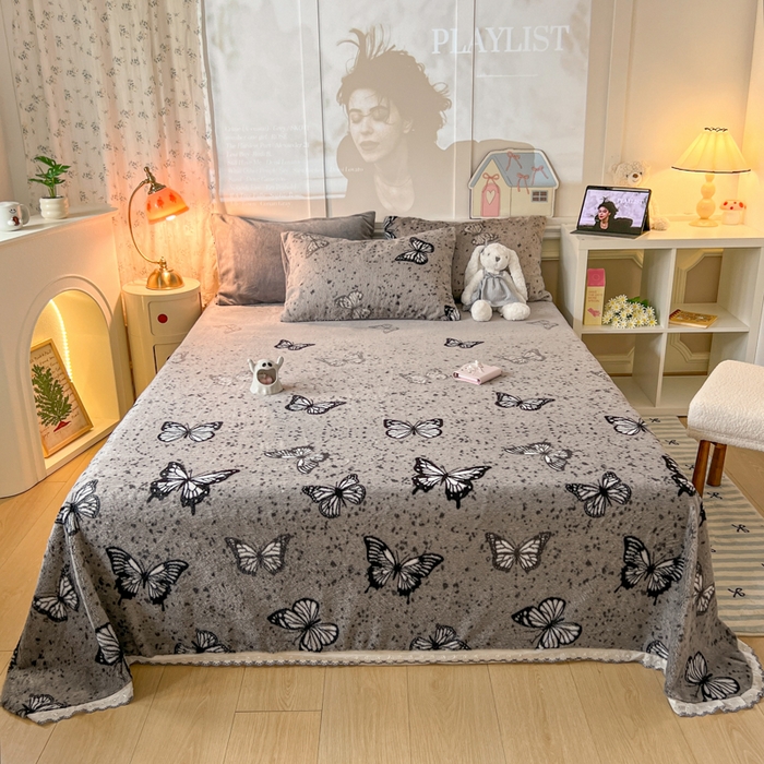 妖妖家纺 2025新款高克重兔毛花边印花单床单 床单单件 斑点蝴蝶