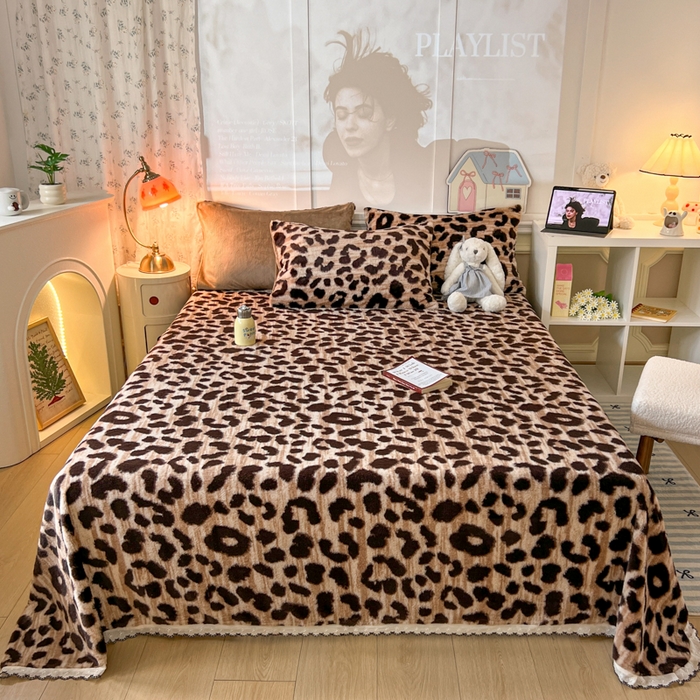 妖妖家纺 2025新款高克重兔毛花边印花单床单 床单单件 豹纹