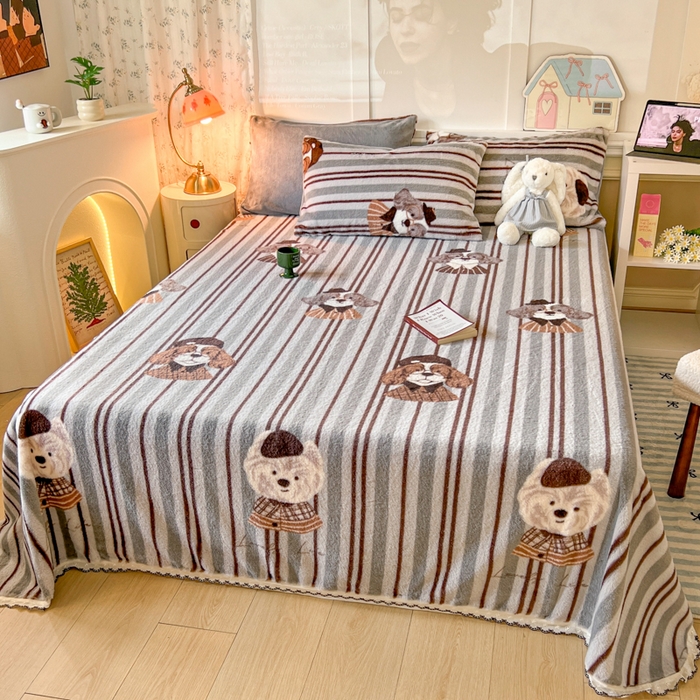 91家纺网 家纺一手货源 找家纺 妖妖家纺 2025新款高克重兔毛花边印花单床单 床单单件 博士狗