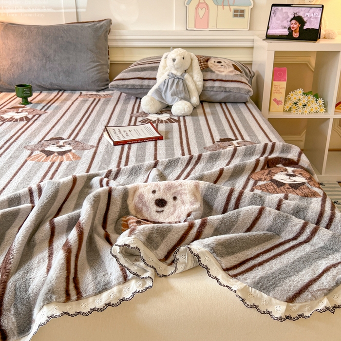 91家纺网 家纺一手货源 找家纺 妖妖家纺 2025新款高克重兔毛花边印花单床单 床单单件 博士狗