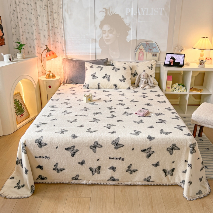 妖妖家纺 2025新款高克重兔毛花边印花单床单 床单单件 蝴蝶飞舞