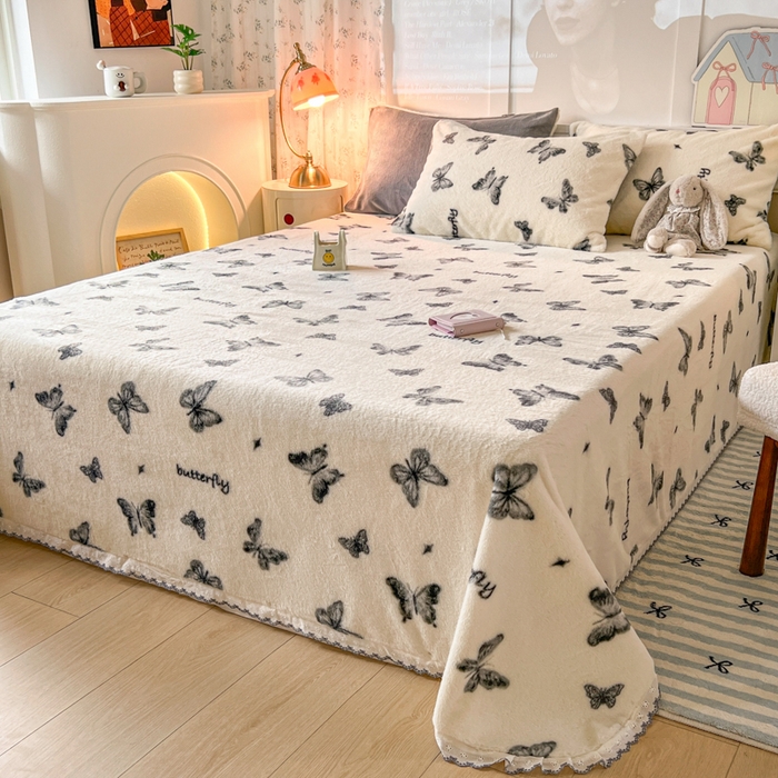 91家纺网 家纺一手货源 找家纺 妖妖家纺 2025新款高克重兔毛花边印花单床单 床单单件 蝴蝶飞舞