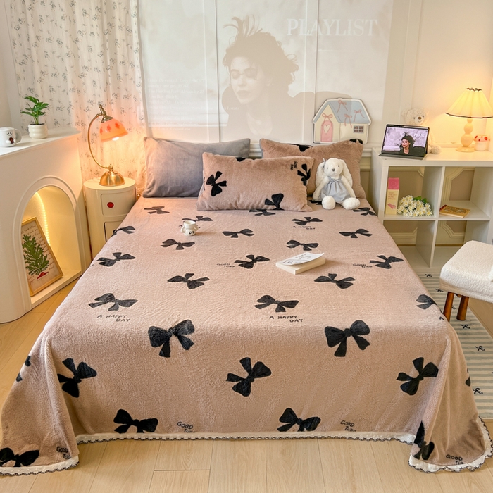 妖妖家纺 2025新款高克重兔毛花边印花单床单 床单单件 蝴蝶结